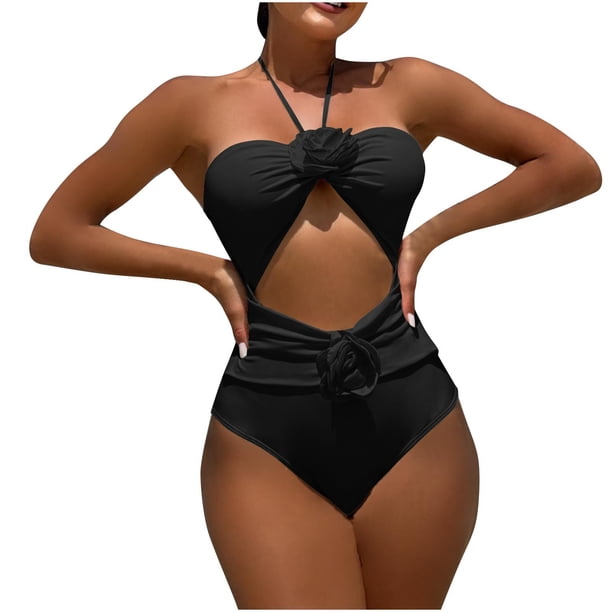 Trajes de baño de una pieza para mujer, bikini de moda de color liso con cordón y tirantes de rosas huecas, traje de baño para mujer, trajes de baño para mujer, moda de playa para mujer