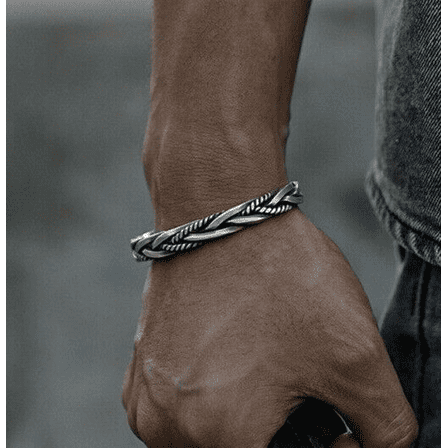 Men 925 Sterling Silver Thai Handmade Vintage Open Bangle Twisted Cuff Bracelet