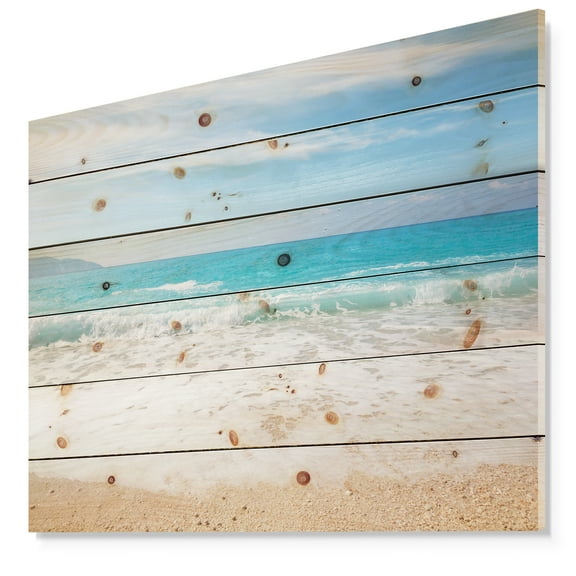 Designart 'White Waves Kissing Beach Sand' Seashore Print on Natural Pine Wood