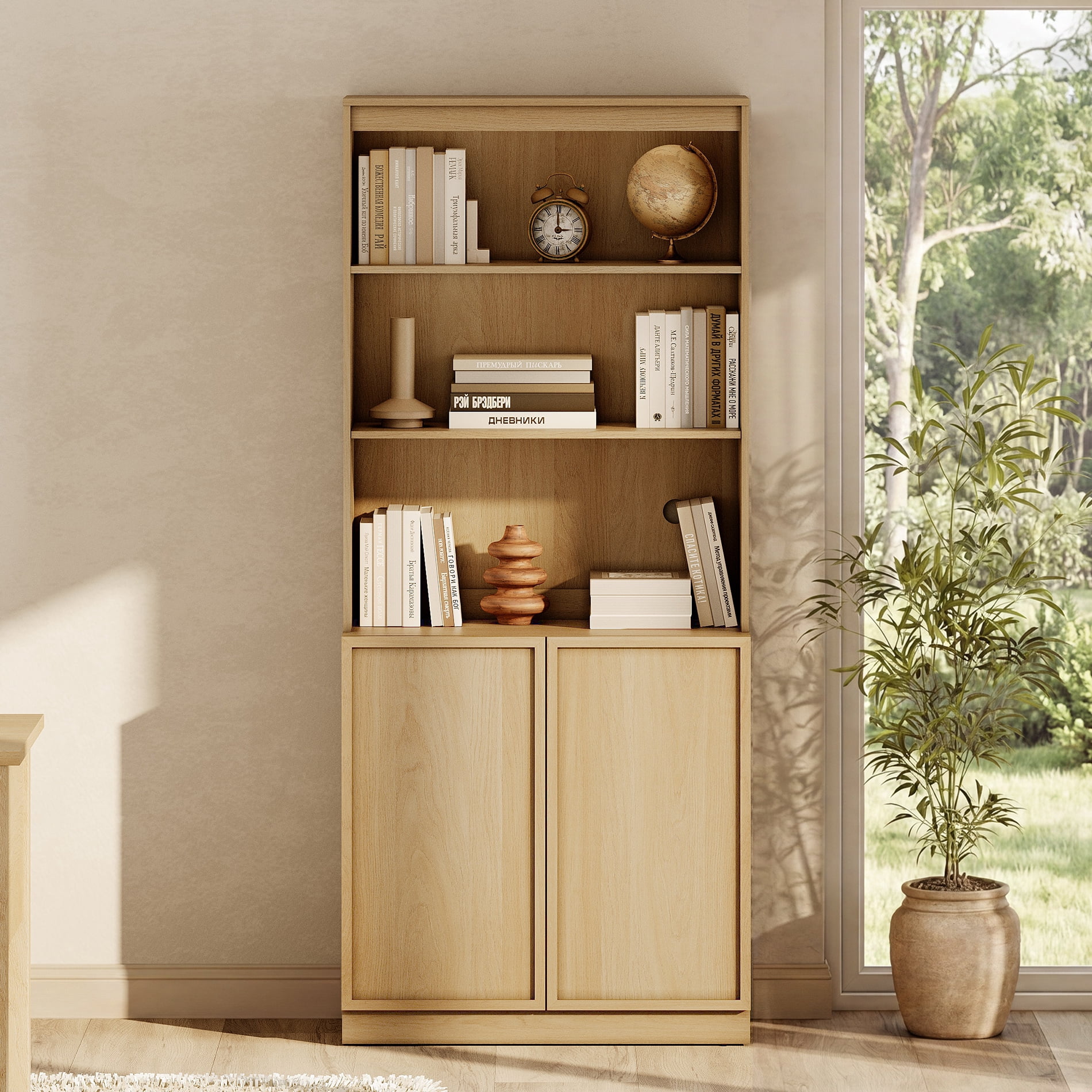 Modern 72" Tall Bookshelf with Storage Cabinet and Open Book Shelves, Wood Book shelf for Home Office, Living room,Oak