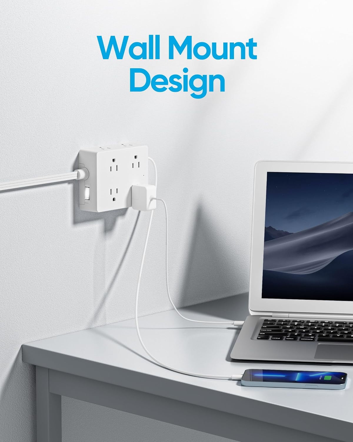 2 Prong Flat Plug Power Strip,  2 Prong to 3 Prong Outlet , 5 FT Flat Extension Cord with 8 Outlets 4  Ports(1  C), 2000J Surge Protector,  to  Plug