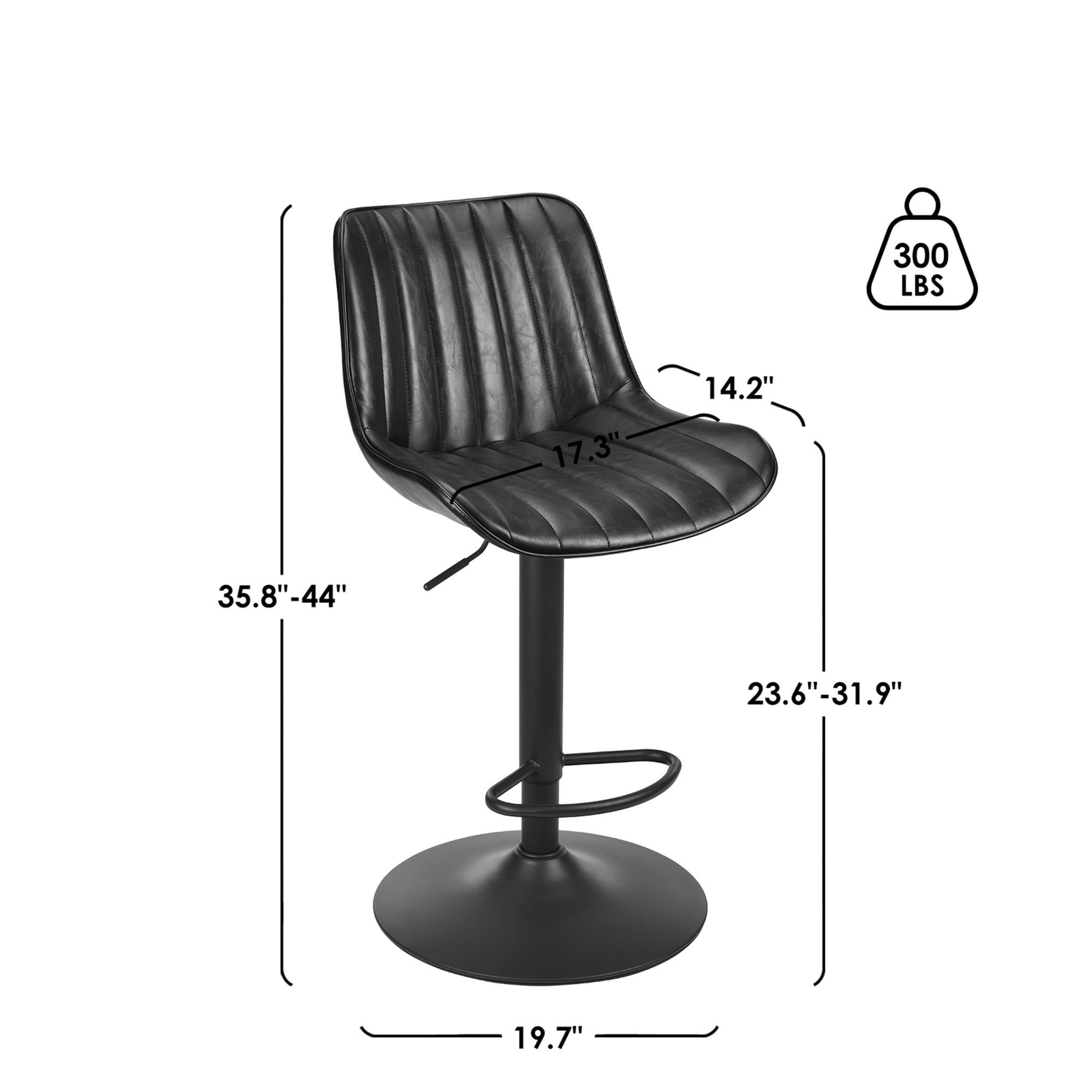 MAYEERTY Black Swivel Adjustable Bar Stools Set of 2, Industrial PU Leather with Back Support for Kitchen Island