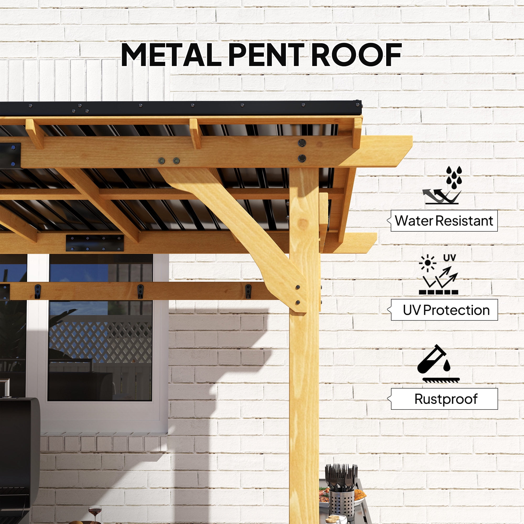 Outsunny 13' x 6' Wooden Grill Gazebo, Hardtop Outdoor BBQ Gazebo with with Metal Roof, 2 Bar Shelves and 6 Hooks for Patio, Deck, Yard, Natural
