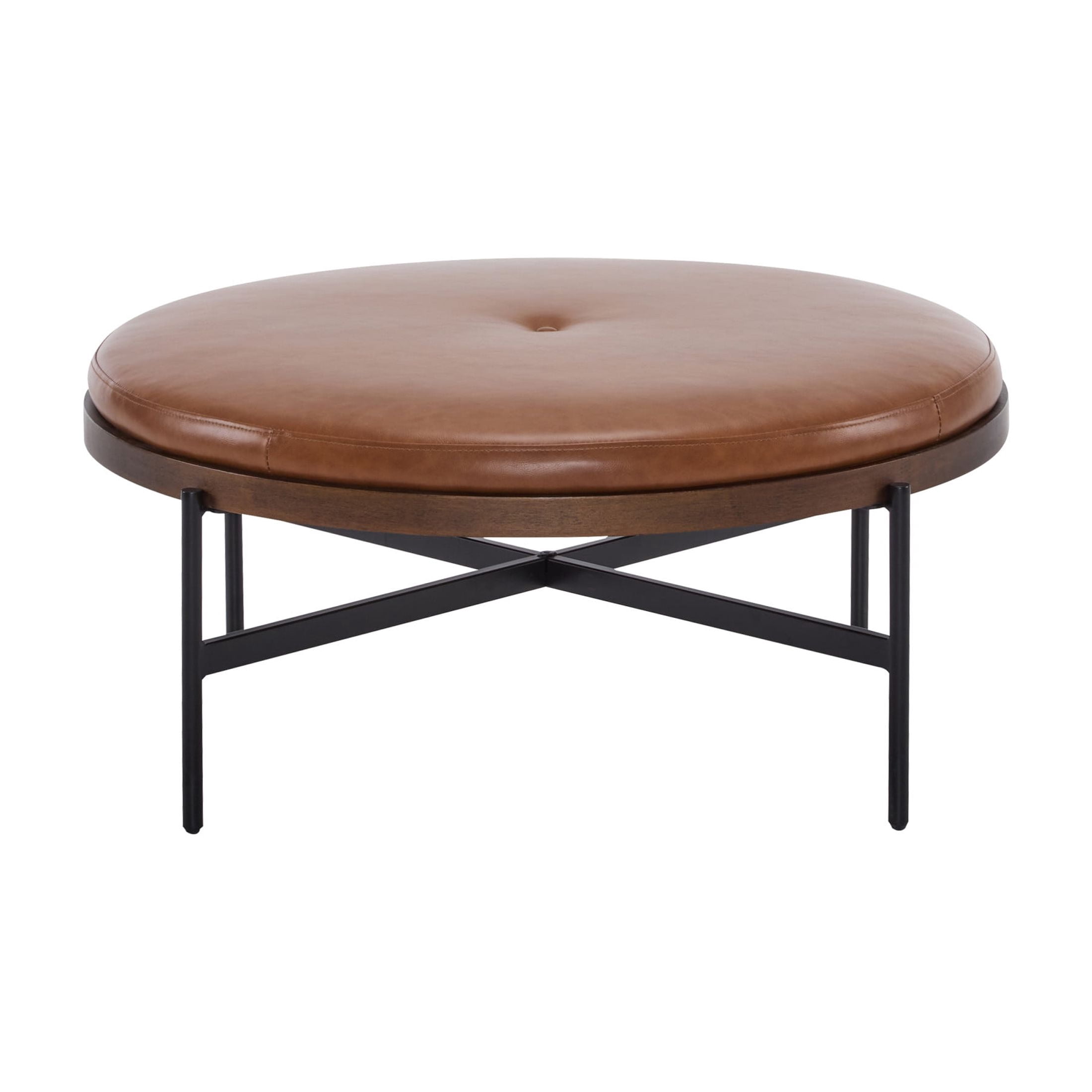 Casual Home 36'' Modern Round Cocktail Ottoman with PU Upholstery and Metal Base, Brown and Black