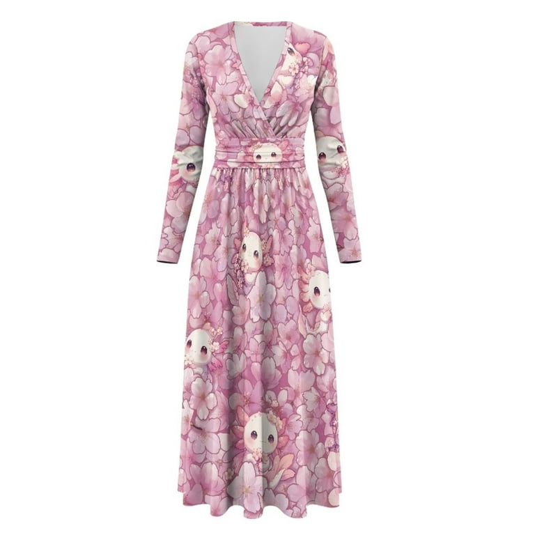 Fkelyi Axoltol Pink Cherry Print Womens Fall Maxi Dress V-Neck Long Sleeve Casual Dress with Pocket A-Line Flowy Tiered Dresses for Spring Winter, M
