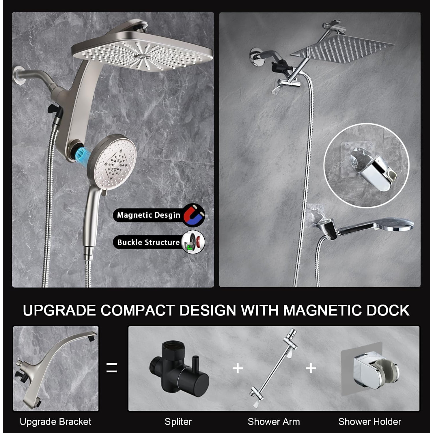 High Pressure Rain Shower Head: Upgrade Shower Heads with Handheld Spray Combo with Fixed Showerhead and 10 Sprays Handheld Shower Head, Detachable Shower head Built-in Magnetic Docking