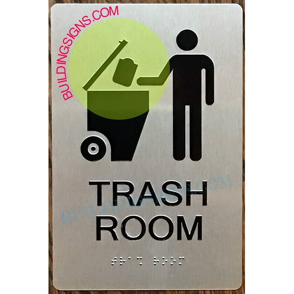 Trash Room Sign -Braille Sign with Raised Tactile Graphics and Letters (Aluminum, Silver,Size 6x9)-The Sensation line (ref-2201)