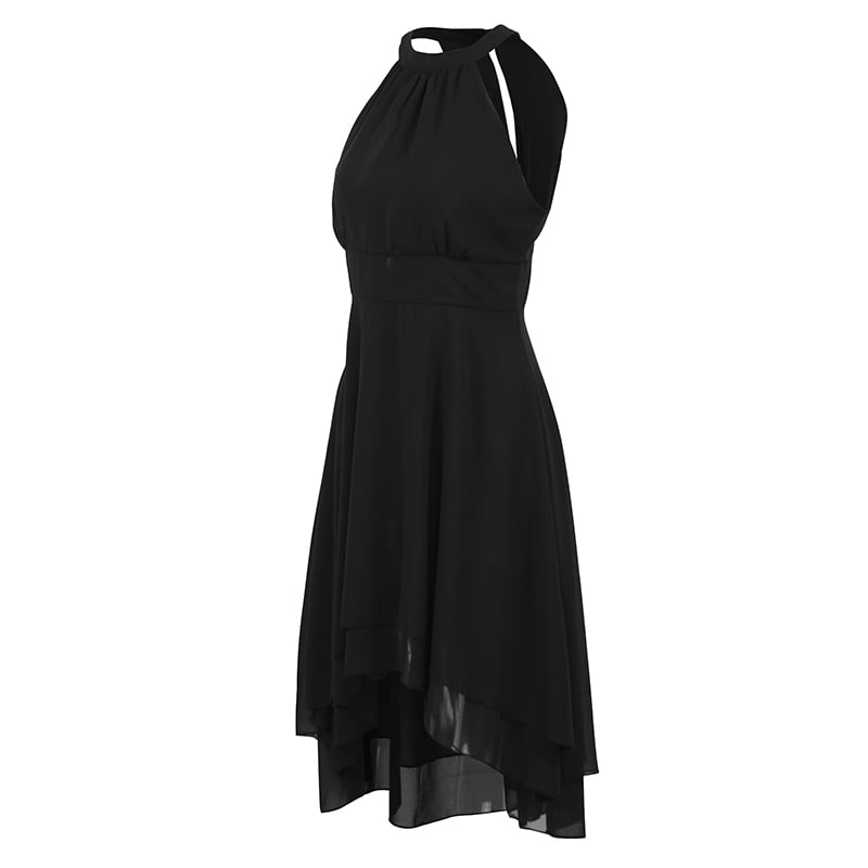 cutout back black layered sleeveless chiffon dress