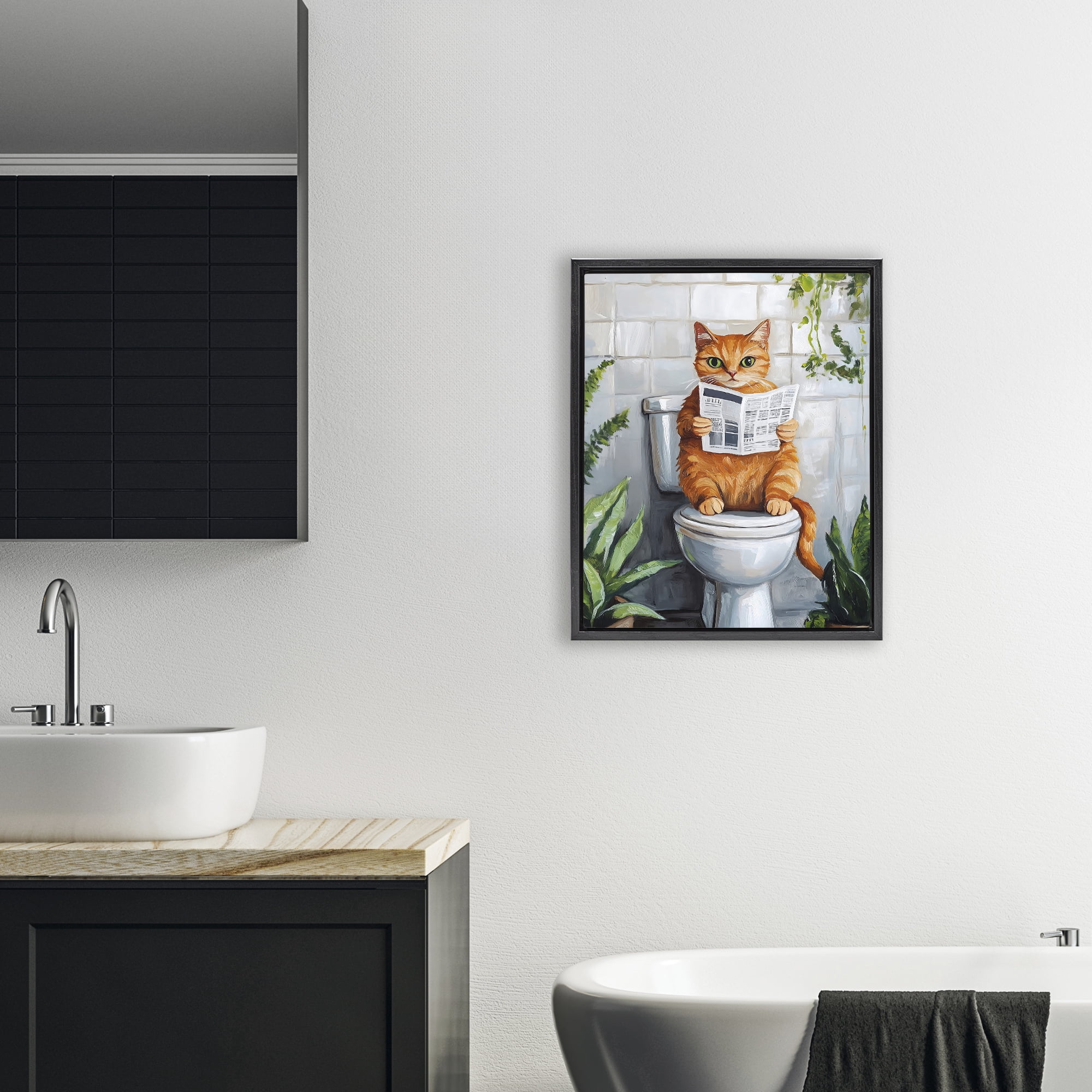Stupell Industries Orange Cat Reading Paper Black Framed Floater Canvas Wall Art, design by The Prints Vibe
