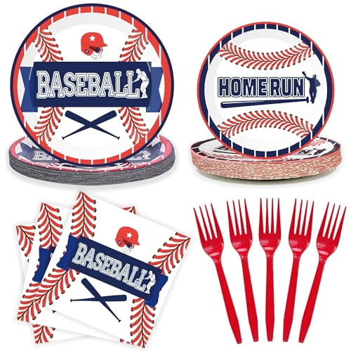 Baseball Party Supplies (100 pcs), Plates/Napkins/Forks, 25 Serves, Themed Party Decor | Home Decor