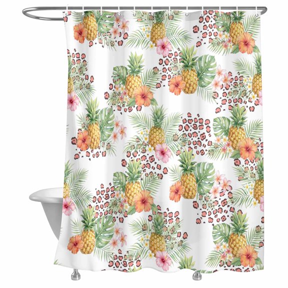 Summer Pineapple Shower Curtain, Pink Orange Flowers Green Leaves Tropical Plant Lightweight Waterproof Fabric Shower Curtain with Rustproof Grommets for Bathroom Bathtub 72x96in