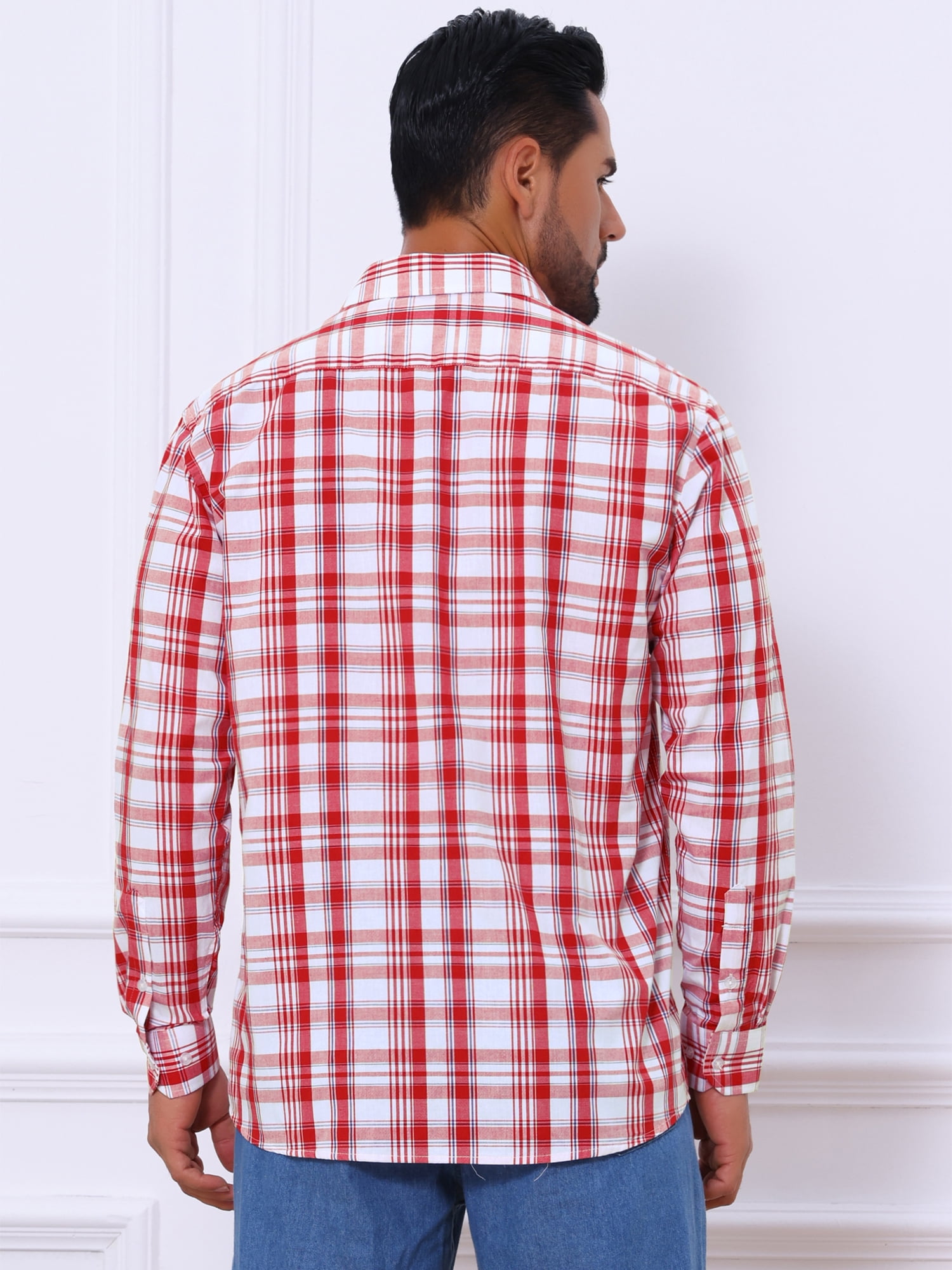 DARING DIVA Men's Long Sleeve Checked Shirt Point Collar Button Plaid Shirt M Red White