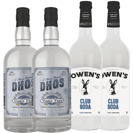 Dhōs Handcrafted Non-Alcoholic Vodka 2 Pack 750 ML Bottle w 2 Pack Owen’s Mixers Club Soda 750 ML Bottle - Keto-Friendly, Zero Sugar, Zero Calories, Zero Proof - Perfect for Mocktails - A