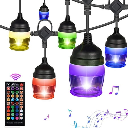 

Outdoor String Lights LED Courtyard Waterproof And Color-changing Warm White with 14 Hanging RGB Dimmable Bulbs 2 Remote Controls Hanging Outdoor Light Strings for Backyard Cafe Porches