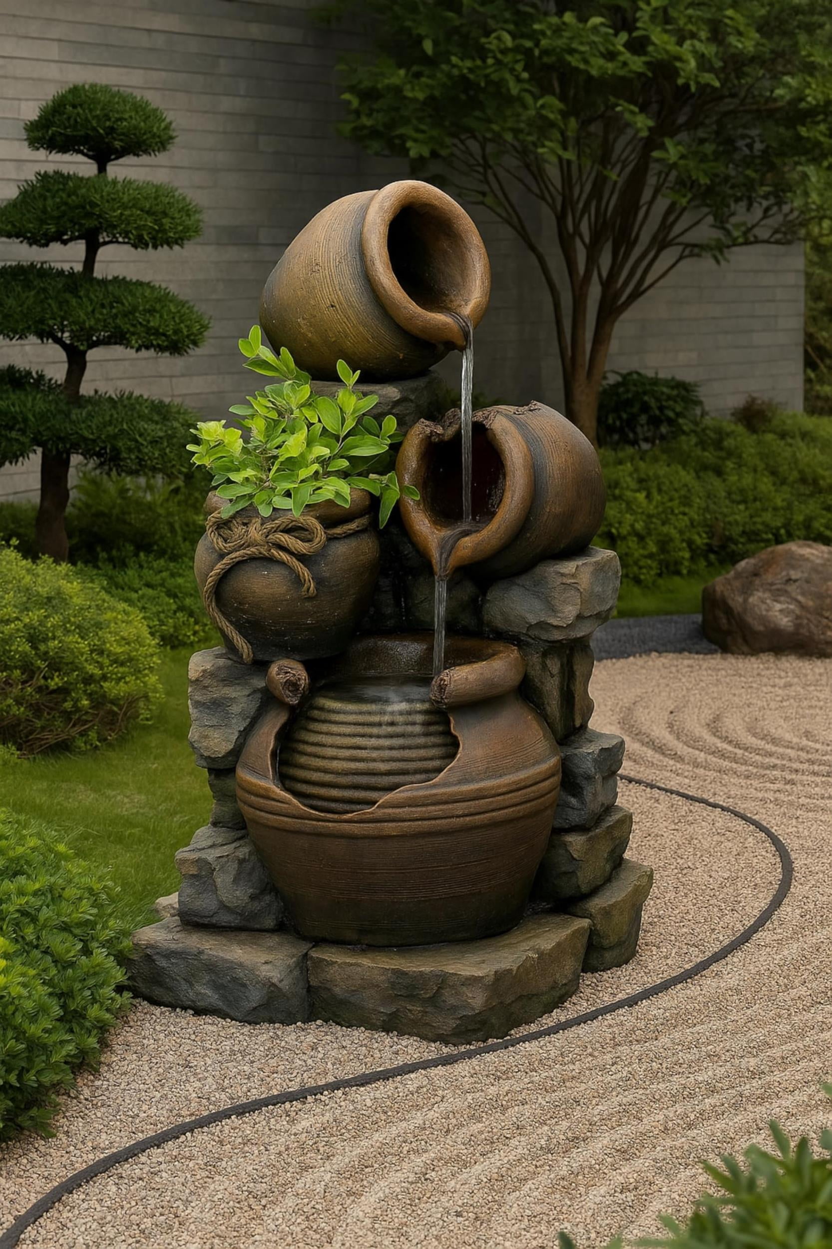 Pemberly Row Multi Pots Outdoor Water Fountain with Flower Pot
