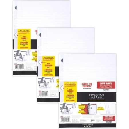 Five Star Loose Leaf Paper, 3 Hole Punched, Reinforced Filler Paper, Wide Ruled, 10-1/2 X 8 Inches, 100 Sheets/Pack, 3 Pack (38033)