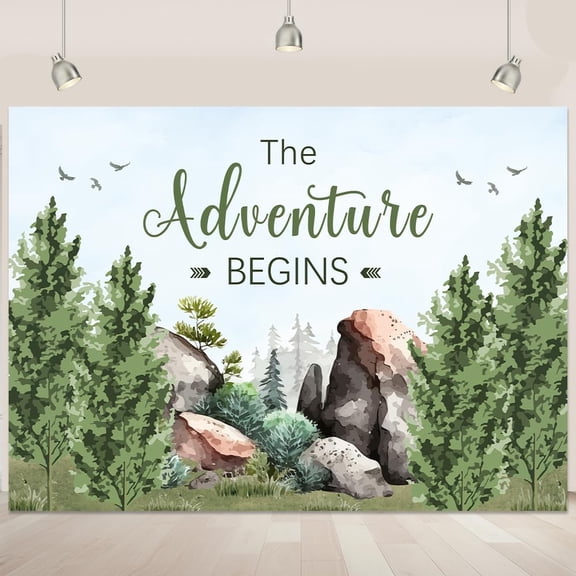 Adventure Awaits Backdrop The Adventure Begins Background Wilderness Stone Mountain Green Forest Adventure Baby Shower Party Decorations Banner Supplies Photo Booth Props
