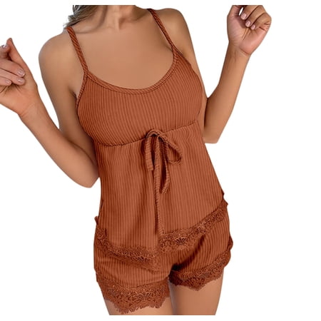 Bosfbaoi Pajamas For Women Solid-Color Casual Pajama Set Halter Lace-Trimmed Pajama Set At Home Pajama Set