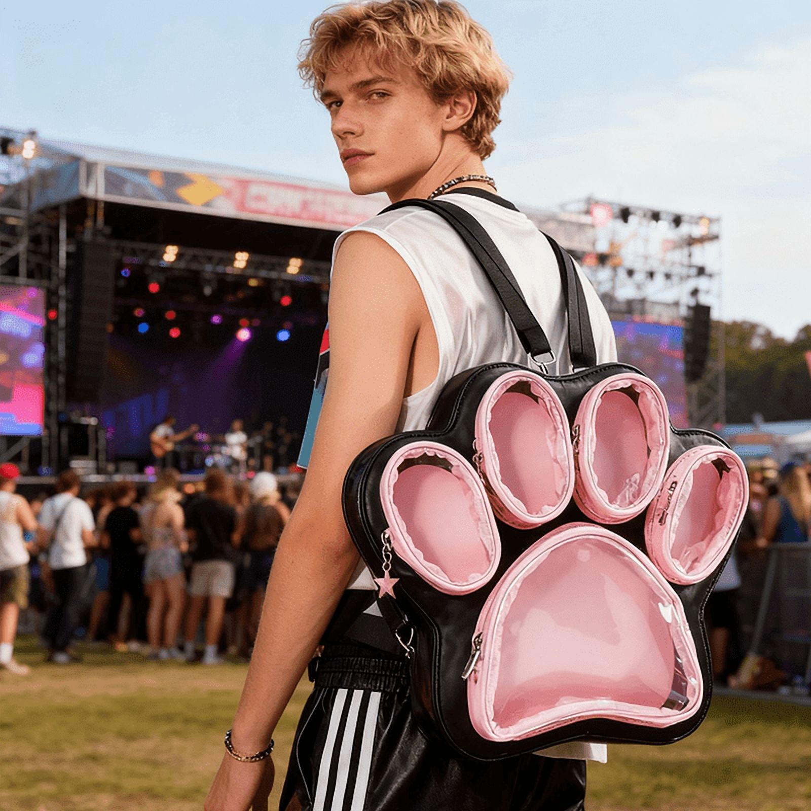 Kawaii Cat Paw Ita Bagpack with Clear Window & Detachable Strap, Anime Pin Display Backpack, Multifunctional Doll Display for Collectibles, Cute Black Pink Aesthetic Shoulder Bag for Gift
