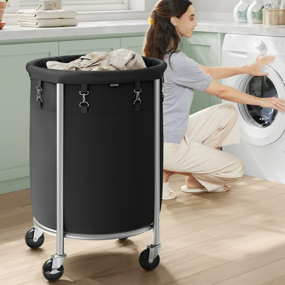 29Gal Laundry Hamper with Wheels Round Rolling Laundry Sorter Laundry Cart with Removable Bag for Laundry Room Black and Silver