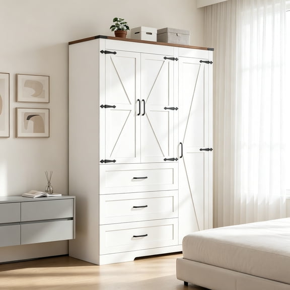JassmiPkwy 70" Tall 3 Door Farmhouse Armoire Wardrobe Closet Cabinet with 3 Drawers, Hanging Rod, Adjustable Shelves, White