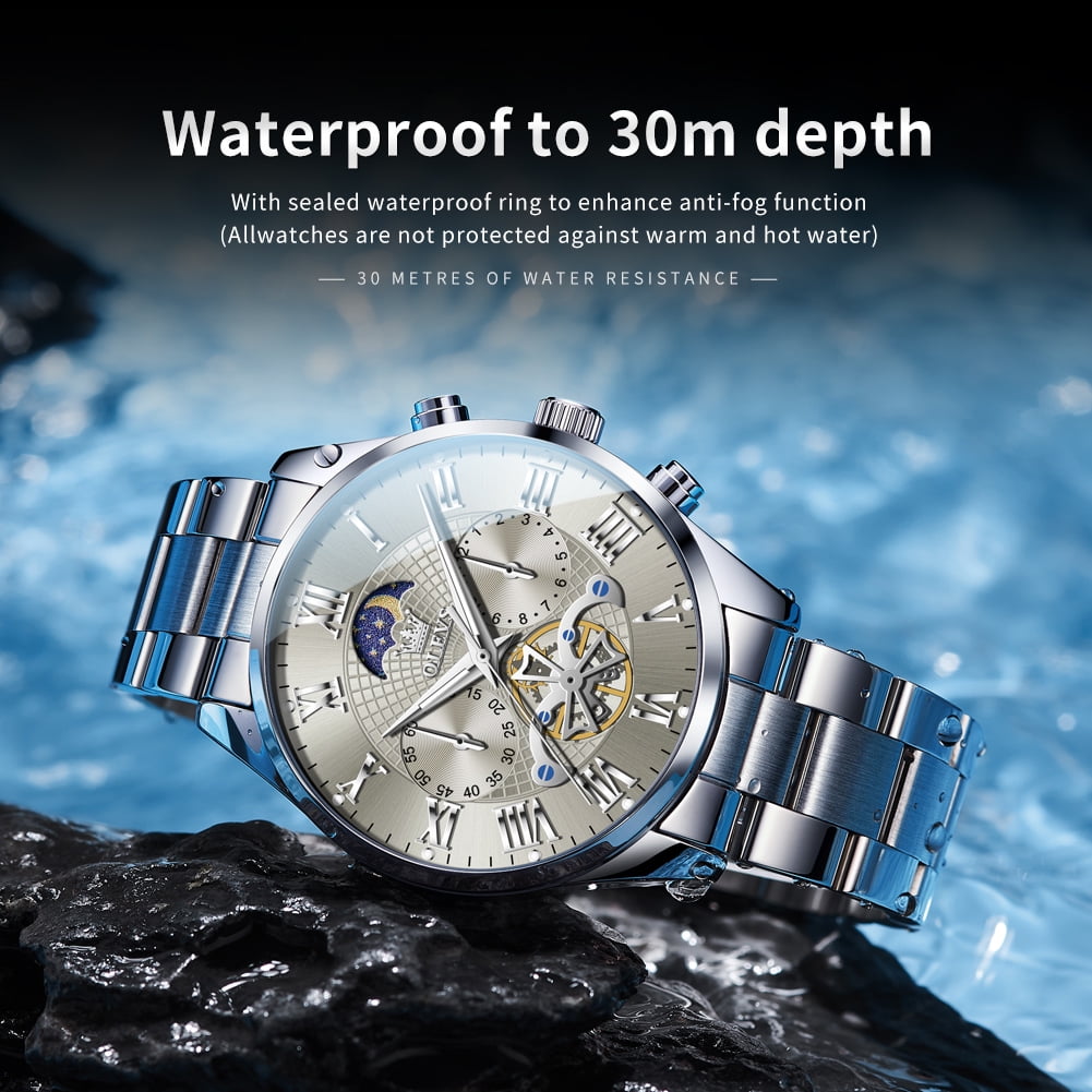 OLEVS Chronograph Watches for Men Waterproof Business Dress Analog Quartz Luxury Moon Phase Stainless Steel Roman Numeral Luminous Casual Mens Wrist Watches Reloj Para Hombre