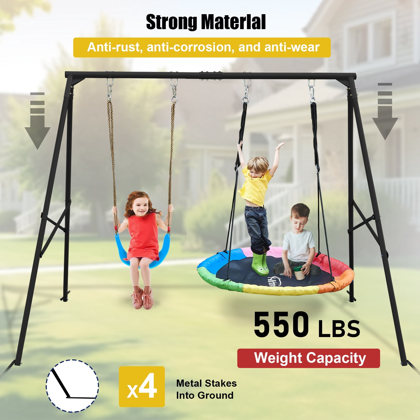 Hishine Swing Stand Metal Frame for Backyard, Heavy Duty Full Steel A-Frame with Ground Stakes, Fits 2 Swings Extra Large Outdoor 550lbs