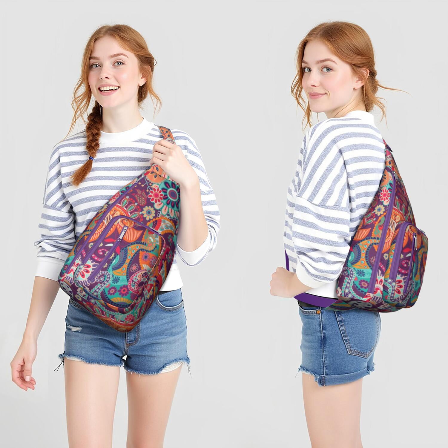 Waterproof Hiking Sling Backpack for Women – Lightweight Crossbody Bag with Adjustable Strap, Chest Bag for Travel & Outdoor Adventures – Paisley Boho Vintage Floral, Chic Retro Design