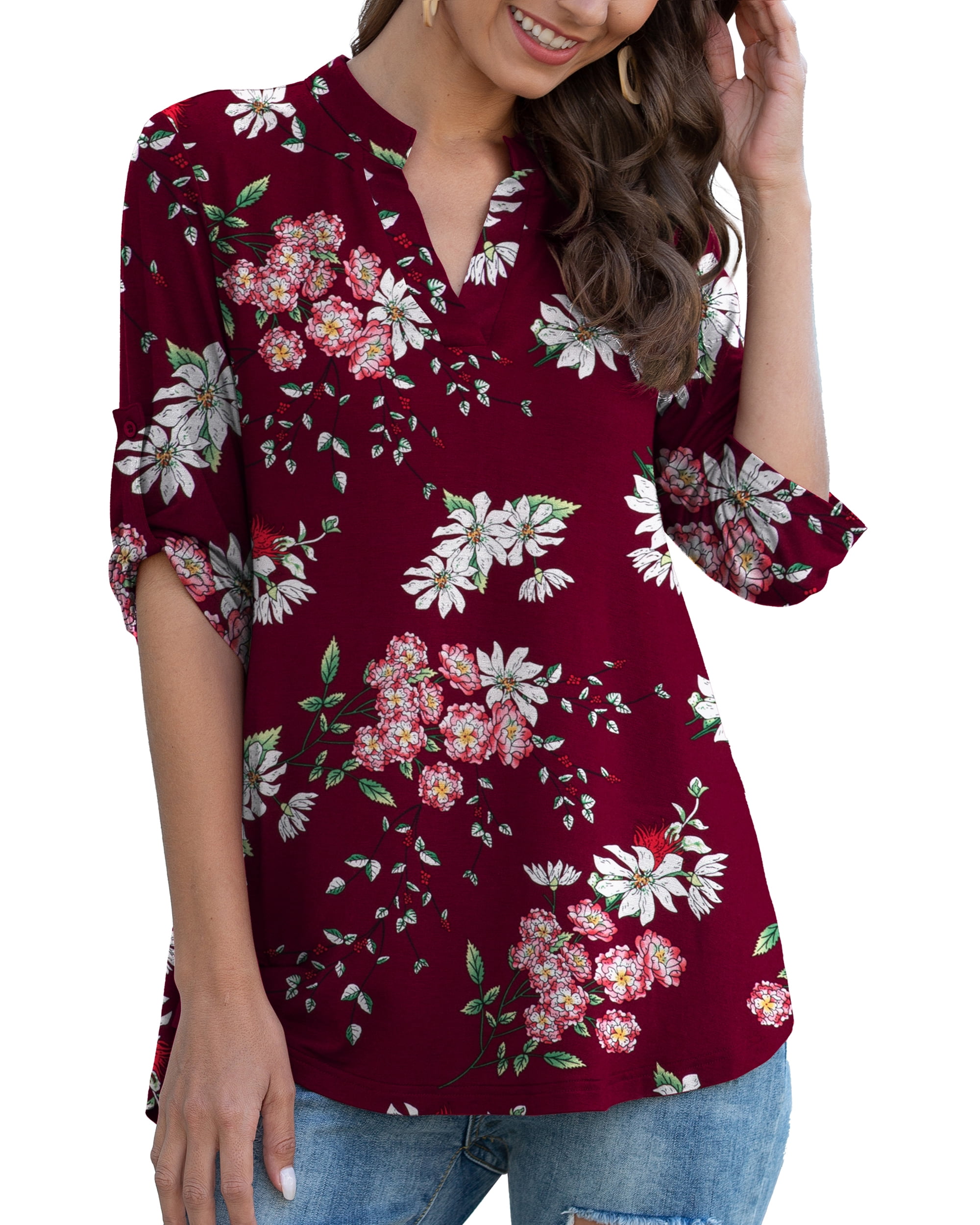 a.Jesdani Womens Plus Size Tunic Tops 3/4 Sleeve Casual Floral Henley ...