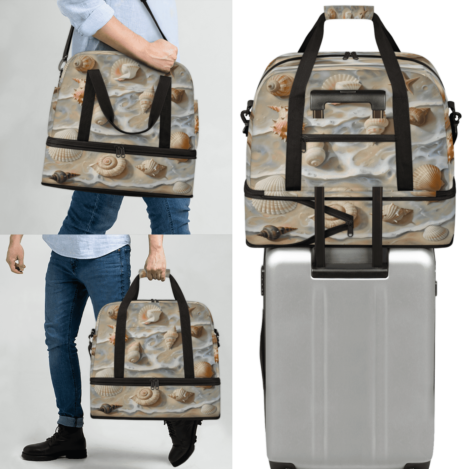 Herdesigns Beach Shells Starfish Sand Foldable Travel Duffel Bag with Shoe Compartment, Weekend Overnight Carry On Bags for Men Women, Large Sports Gym Luggage