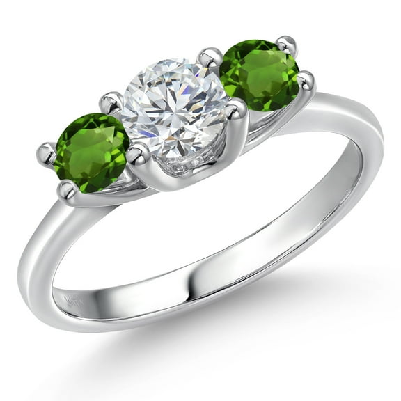 Gem Stone King 14K White Gold White Lab Grown Diamond & Green Tourmaline 3-Stone Engagement Ring | 1.00 Cttw | Round 5MM and 4MM | Three Stone Wedding Anniversary Promise Ring for Women (Size 6)