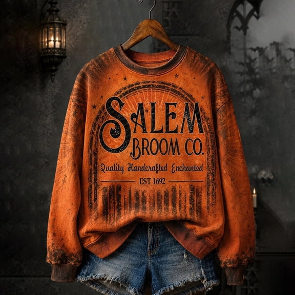 Womens Sweatshirt Long Sleeve Vintage Washed Crew Neck Pullover Broom Witch Theme Graphic Casual Fall Halloween Occasions Top Saffron XXXL