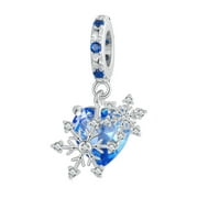 NINGAN 925 Sterling Silver Snowflake Blue Heart Stone Dangle Charm for Women Pandora Charm Bracelet & Necklaces