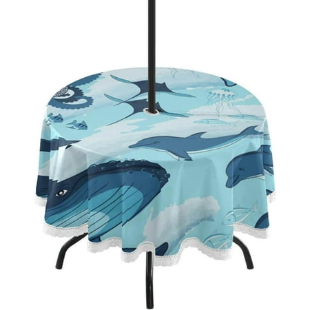 

Hyjoy Dolphin Round Tablecloth with Zipper Umbrella Hole Waterproof Washable Polyester Fabric Table Cover for Outdoor Patio Garden Party 60 Inch