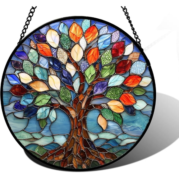 HXRT Tree of Life Stained Glass Window Hanging Ornament, Round Colorful Suncatcher Wall Hanging Decor with Hanging Chain for Home Window, Wall, Porch Indoor Outdoor Art Decoration 9.8in