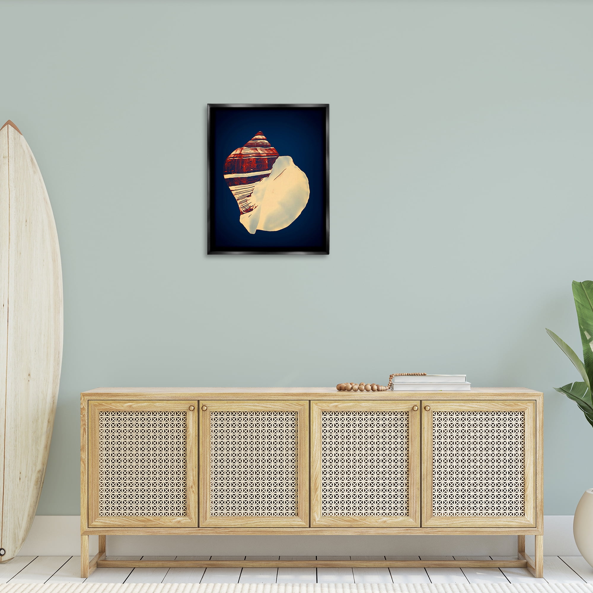 Stupell Industries Fiber Conch on Blue Nautical & Beach Painting Black Floater Framed Canvas Art Print Wall Art, 25 x 31