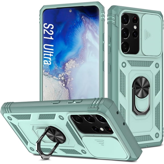 Case for Galaxy S21 Ultra, Shockproof Impact Resistant with Slide Lens Protective Cover Case for Samsung Galaxy S21 Ultra 4G/5G 6.8 inch (Green)