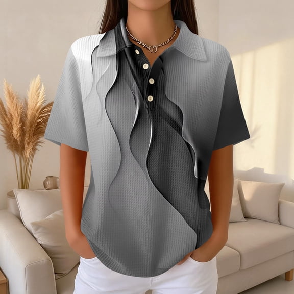 Women's Waffle Knit Polo Shirt Plus Size Friendly Color Block Striped Collared Short Sleeve Loose Fit Vacation Casual Summer Tops 2026, S