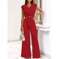 thumbnail image 2 of Women'S Summer 2 Piece Outfits 2025 Cap Sleeve V Neck Belted Crop Tops Wide Leg Pants Sets Casual Tracksuit Red S, 2 of 5