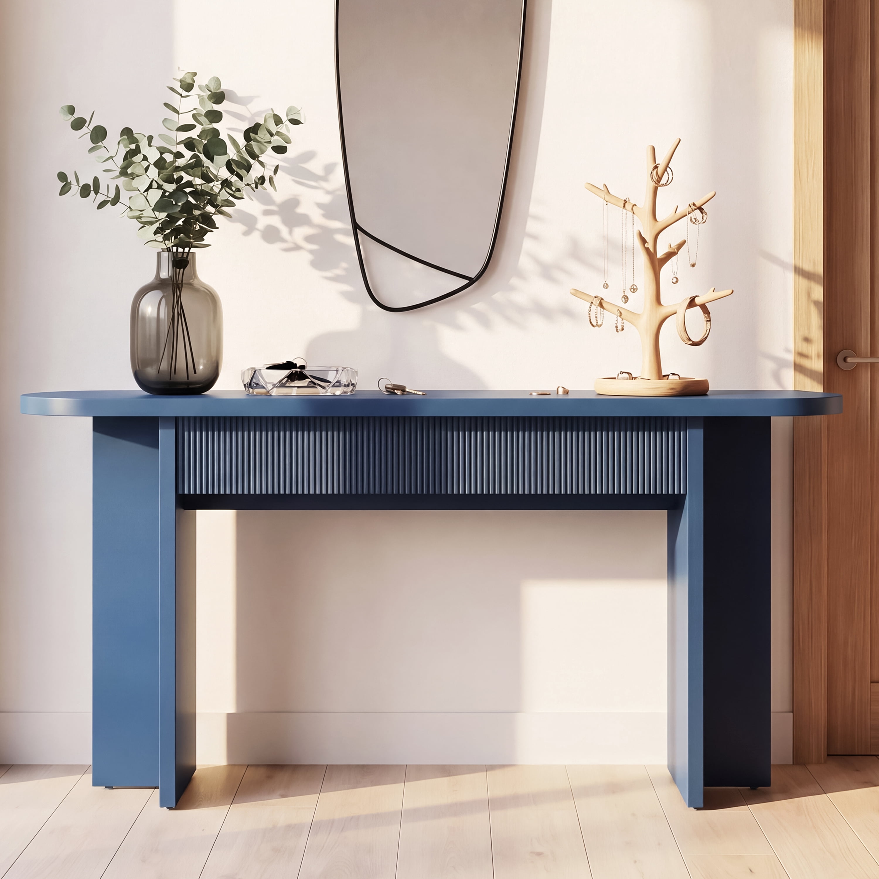 Mintazer 63" Fluted Console Table with 2 Drawers, Modern Entryway Tables with Storage, Sofa Table for Entryway Hallway Living Room, Blue