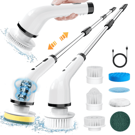 Cordless Electric Spin Scrubber, 2-Speed Power Cleaner with 8 Brush Heads, USB Rechargeable Shower Scrubber for Tub, Tile, Bathroom, Kitchen & Sink Cleaning