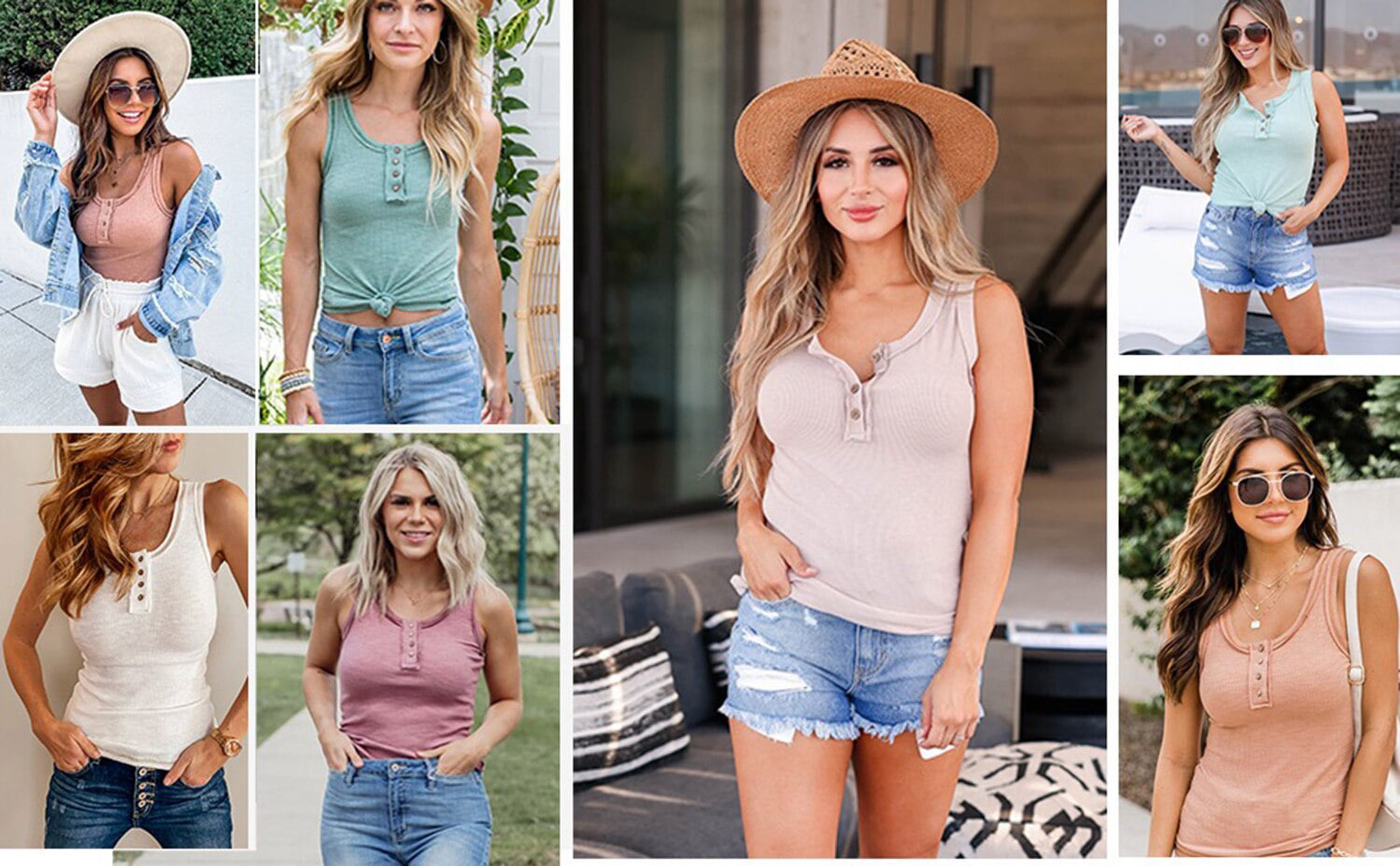 MOSHU Henley Women Tank Tops Ribbed Summer Tops Button Down Sleeveless Shirts