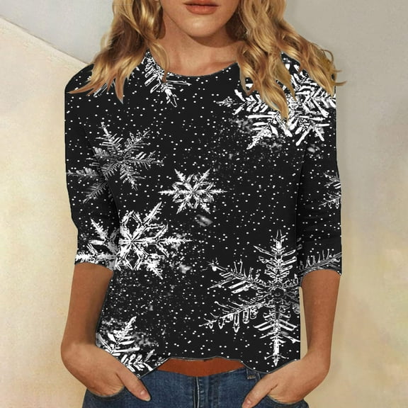 Lolmot Womens Crew Neck 3/4 Sleeves Blouses Cute Snowflakes Print Tunic Tops Casual Lightweight Comfy T-Shirts for Christmas Holiday Tops