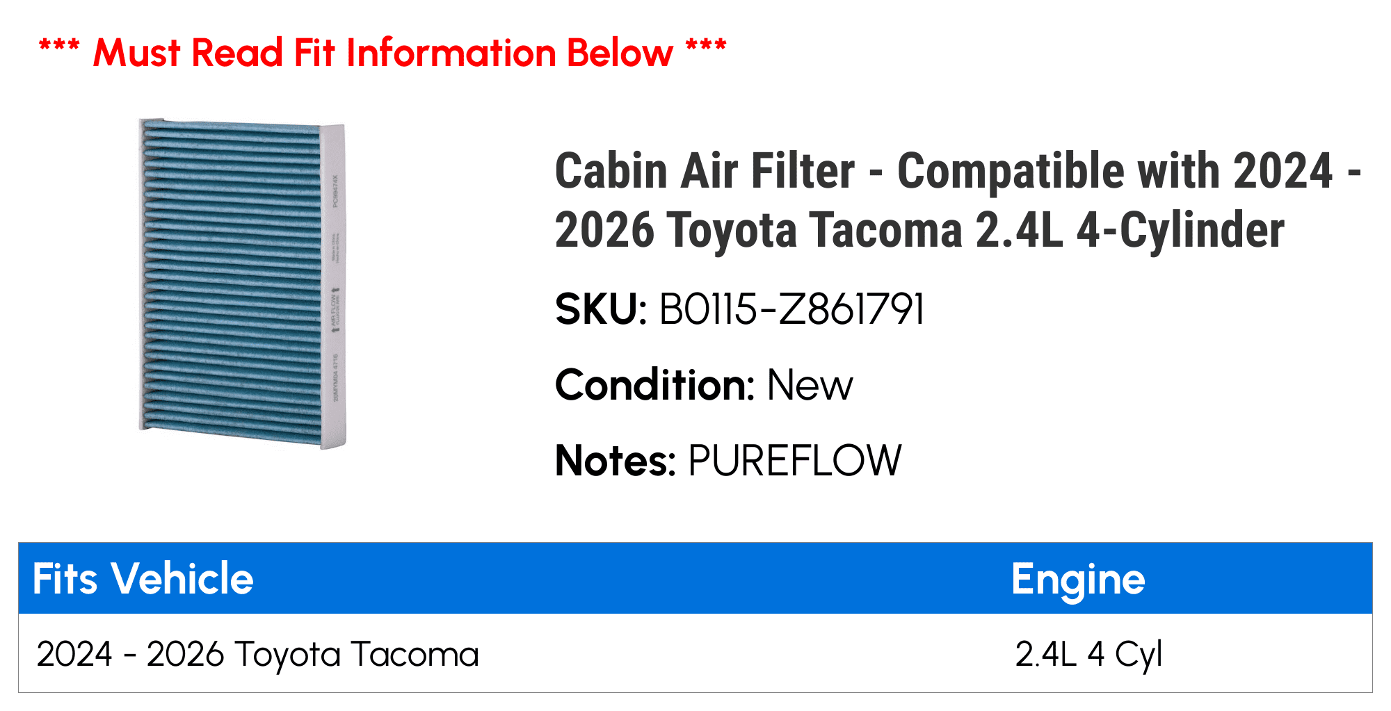Cabin Air Filter - Compatible with 2024 - 2026 Toyota Tacoma 2.4L 4-Cylinder 2025