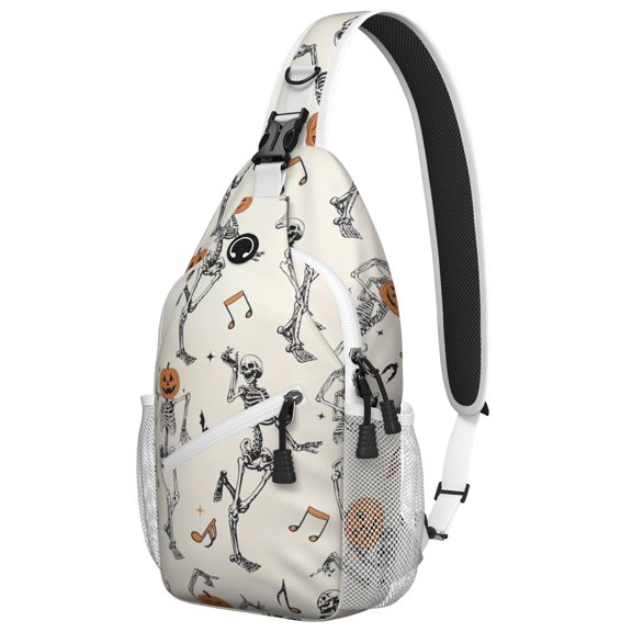 Sling Backpack,Halloween Dancing Skeletons Sling Bag with Water Bottle Holder,Waterproof Sling Bag for Men/Women with Headphone Jack for Hiking,Travel
