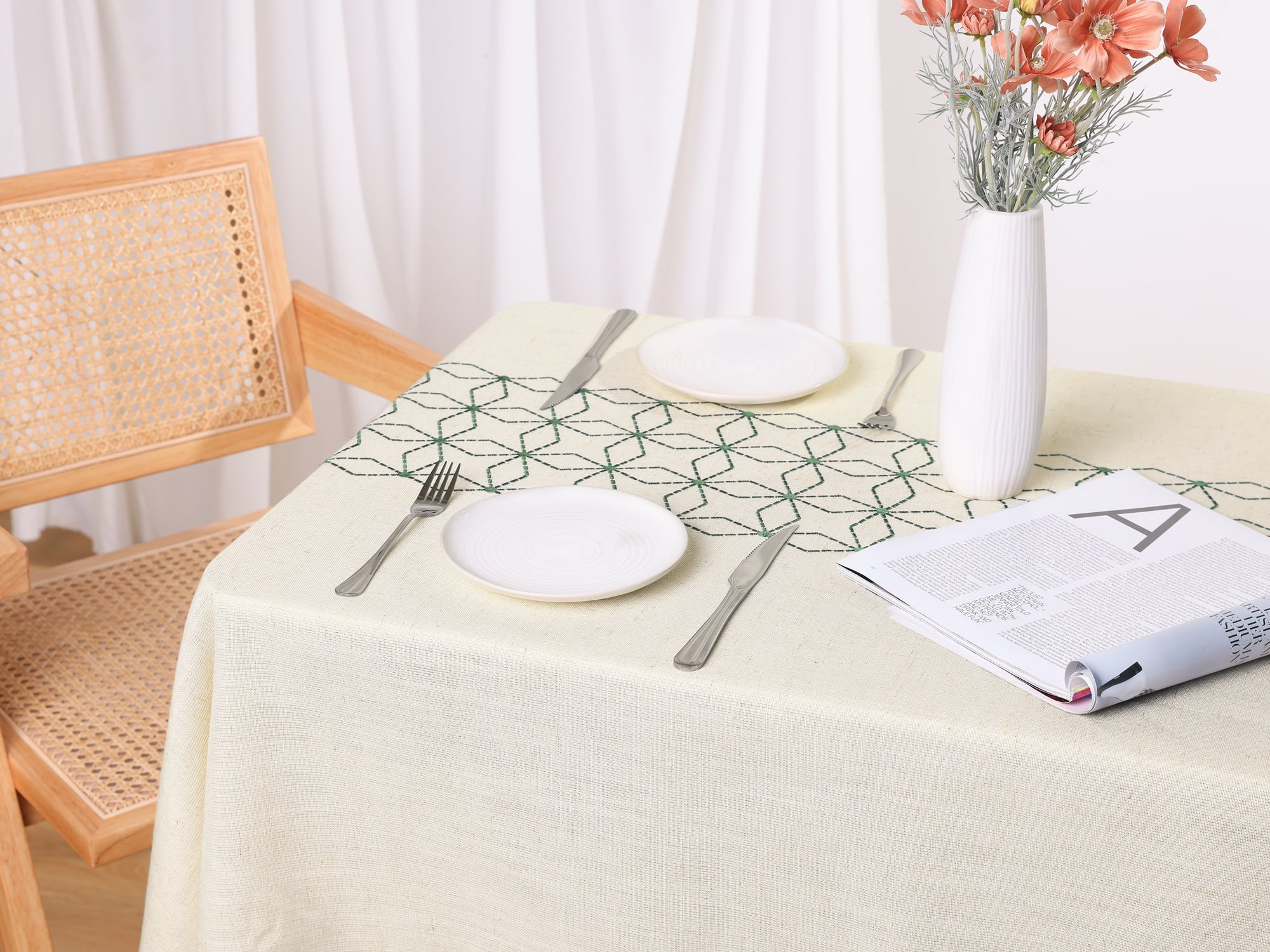 Unique Bargains Rustic Tablecloth Cotton Linen Waterproof Table Cover with Tassels, Diamond Green 35"x35"