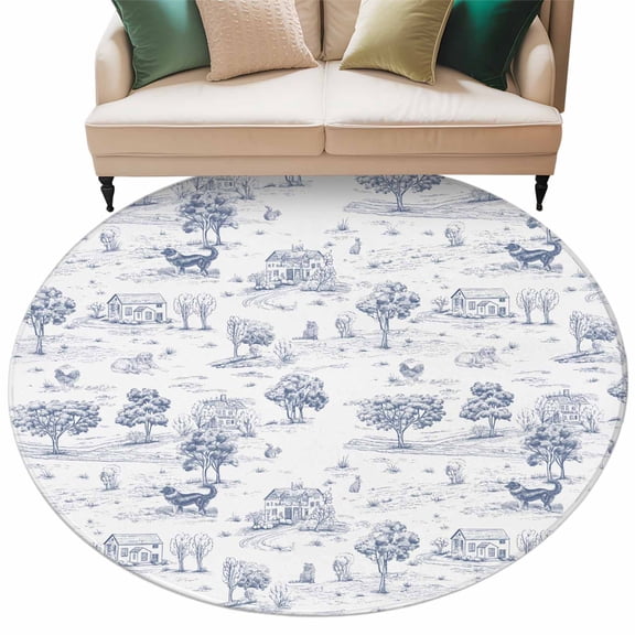 Large Round Rug 8Ft Navy Blue Country Circle Area Rugs Washable Non Slip Indoor Floor Mats Carpet for Living Room Bedroom Dining Room Home Decor