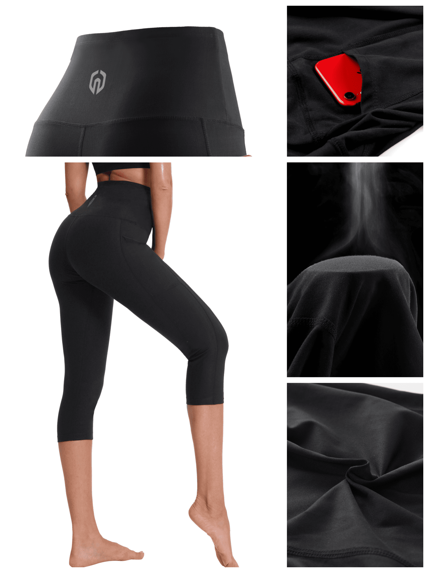 NELEUS Womens High Waist Yoga Capris Tummy Control Workout Stretch Capri Leggings with Pockets,Black+Gray+Red,US Size XL