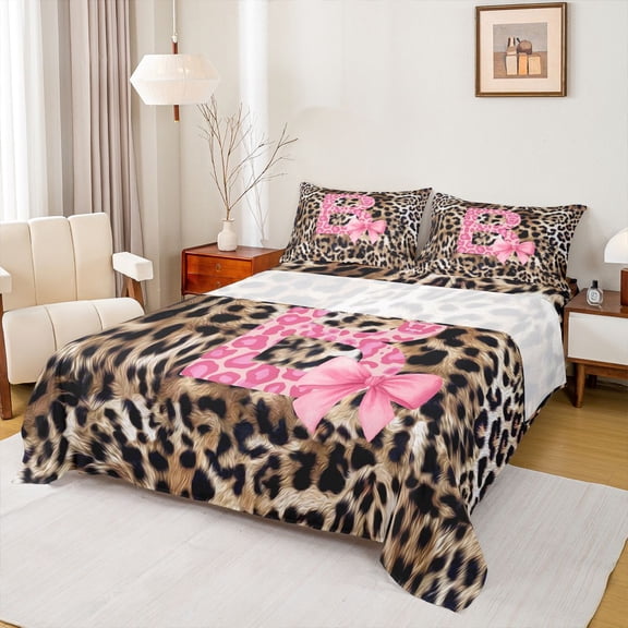 Homewish Fashion Leopard Print B Twin Sheet Sets for Women, Princess Ribbon Bowknot Twin Fitted Sheet, Brown Pink Cartoon Flat Sheet, Ultra Soft Bedroom Decor, 3pcs