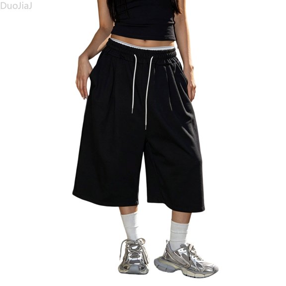 DuoJiaJ Womens Capri Pants, Drawstring Loose Cropped Sweatpants Casual Black L